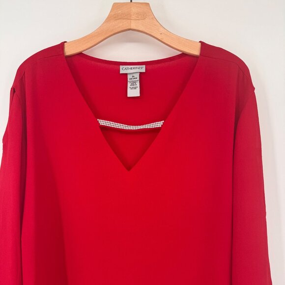 Catherines Red V-Neck Long Sleeve Top Rhinestone Accent size 3X 26/28W - Picture 4 of 11